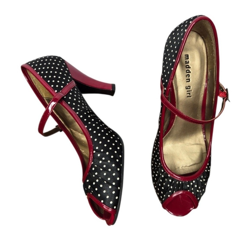 Madden Girl Mollie Polka Dot Mary Jane Peep Toe Heels 8 Red Twee 50s Rockabilly
